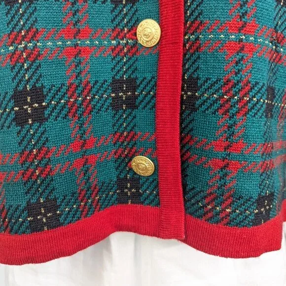 Vtg Classiques Entier Merino Wool Blend Cardigan Green Red Black Gold Button Lrg - Picture 7 of 12